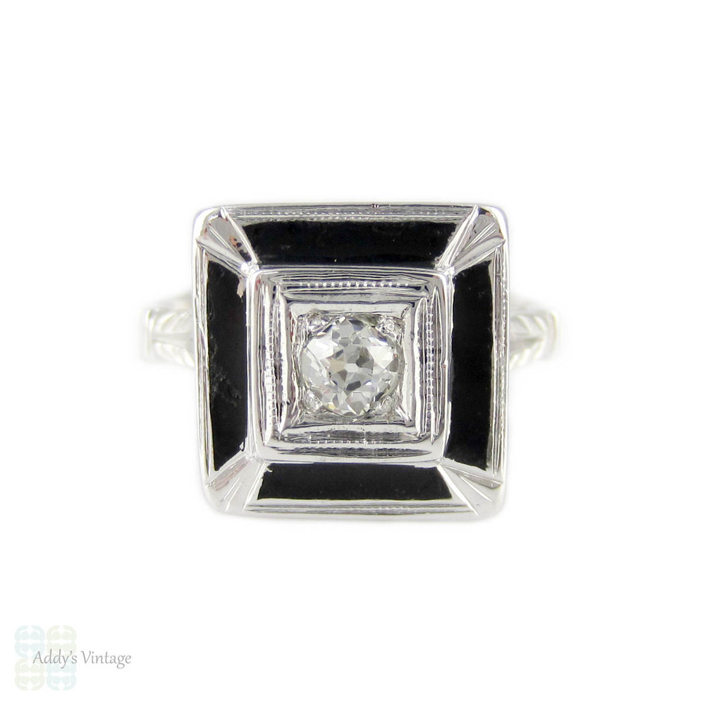 Old Mine Cut Diamond & Black Enamel Ring. Antique Diamond in 18k Engraved Square Setting, Circa 1920s.