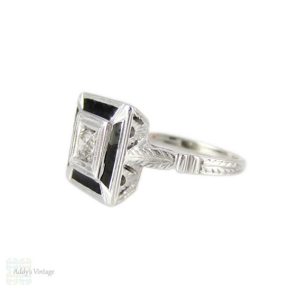 Old Mine Cut Diamond & Black Enamel Ring. Antique Diamond in 18k Engraved Square Setting, Circa 1920s.