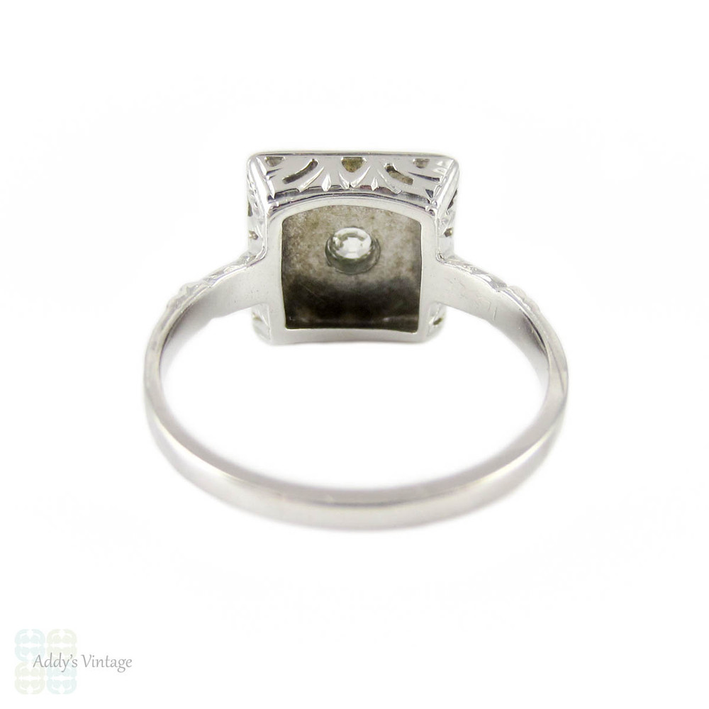 Old Mine Cut Diamond & Black Enamel Ring. Antique Diamond in 18k Engraved Square Setting, Circa 1920s.
