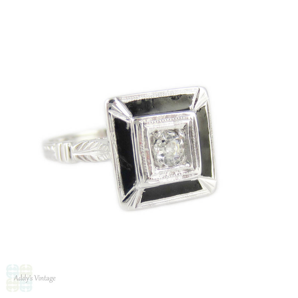 Old Mine Cut Diamond & Black Enamel Ring. Antique Diamond in 18k Engraved Square Setting, Circa 1920s.