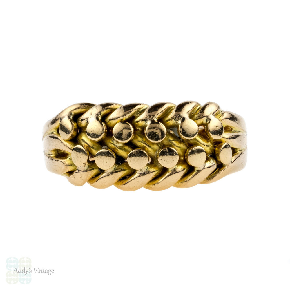 Antique 18ct Keeper Ring, Ladies 18k Gold Wide Braided Knot Ring. Circa 1900.