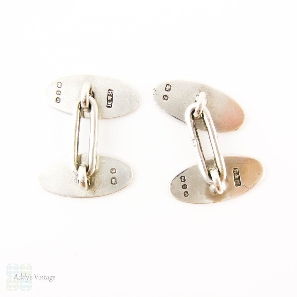 RESERVED. Victorian Sterling Silver Cuff Links, Men's Ivy Engraved Oval Shaped Double Face Cufflinks. Full English Hallmarks, 1890s.