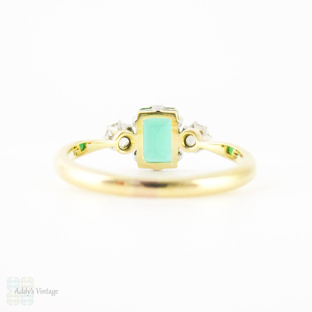Emerald & Diamond Engagement Ring, Vintage Mossy Green Emerald with Old European Cut Sides. Circa 1920s, 18ct Mounting.