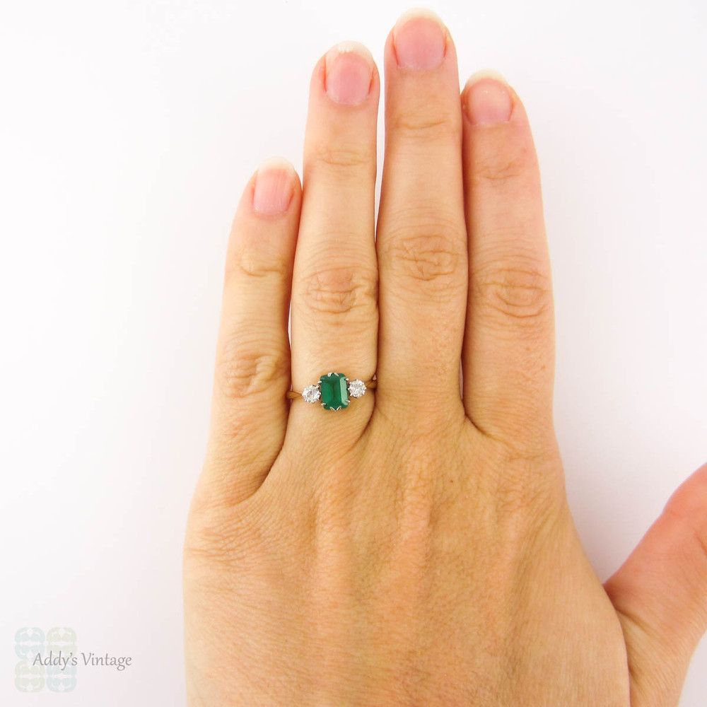 Emerald & Diamond Engagement Ring, Vintage Mossy Green Emerald with Old European Cut Sides. Circa 1920s, 18ct Mounting.