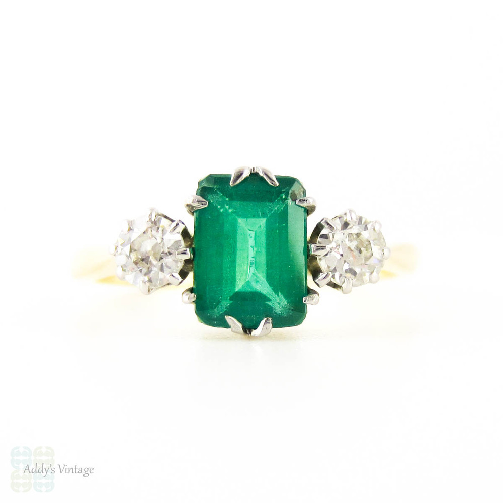 Emerald & Diamond Engagement Ring, Vintage Mossy Green Emerald with Old European Cut Sides. Circa 1920s, 18ct Mounting.
