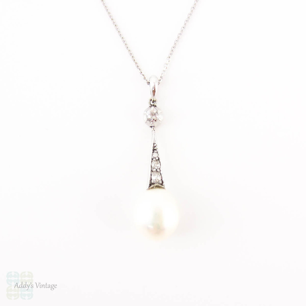 Antique Cultured Pearl & Old Mine Cut Diamond Pendant. Edwardian Tapered Drop, 18 ct White Gold.