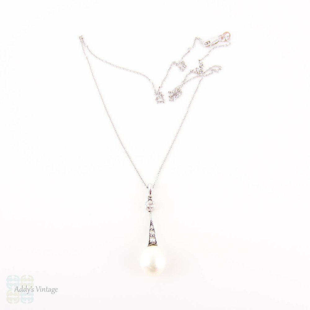 Antique Cultured Pearl & Old Mine Cut Diamond Pendant. Edwardian Tapered Drop, 18 ct White Gold.