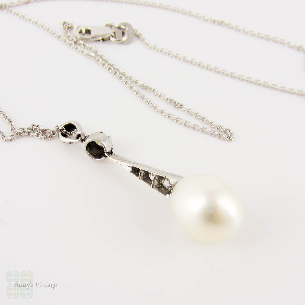 Antique Cultured Pearl & Old Mine Cut Diamond Pendant. Edwardian Tapered Drop, 18 ct White Gold.