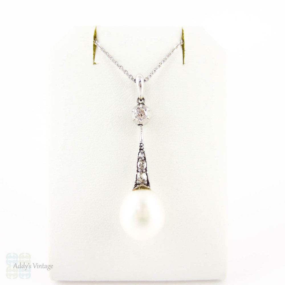 Antique Cultured Pearl & Old Mine Cut Diamond Pendant. Edwardian Tapered Drop, 18 ct White Gold.
