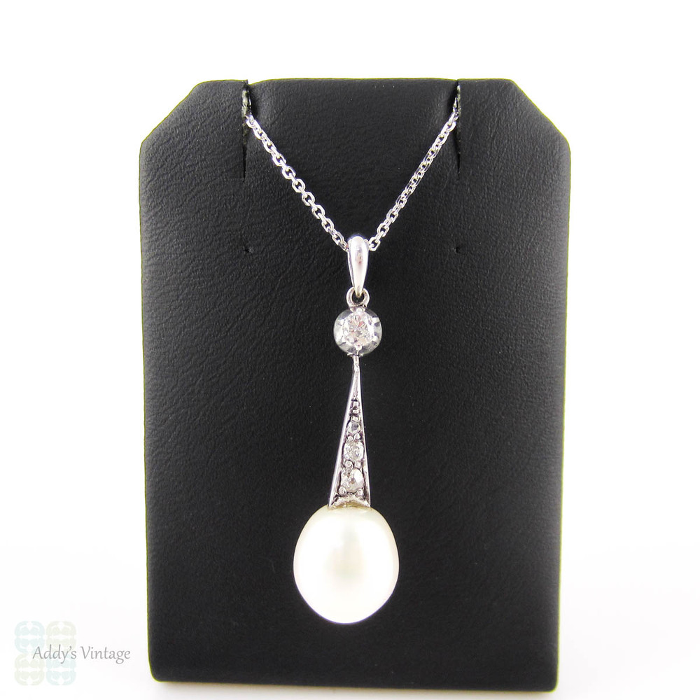 Antique Cultured Pearl & Old Mine Cut Diamond Pendant. Edwardian Tapered Drop, 18 ct White Gold.