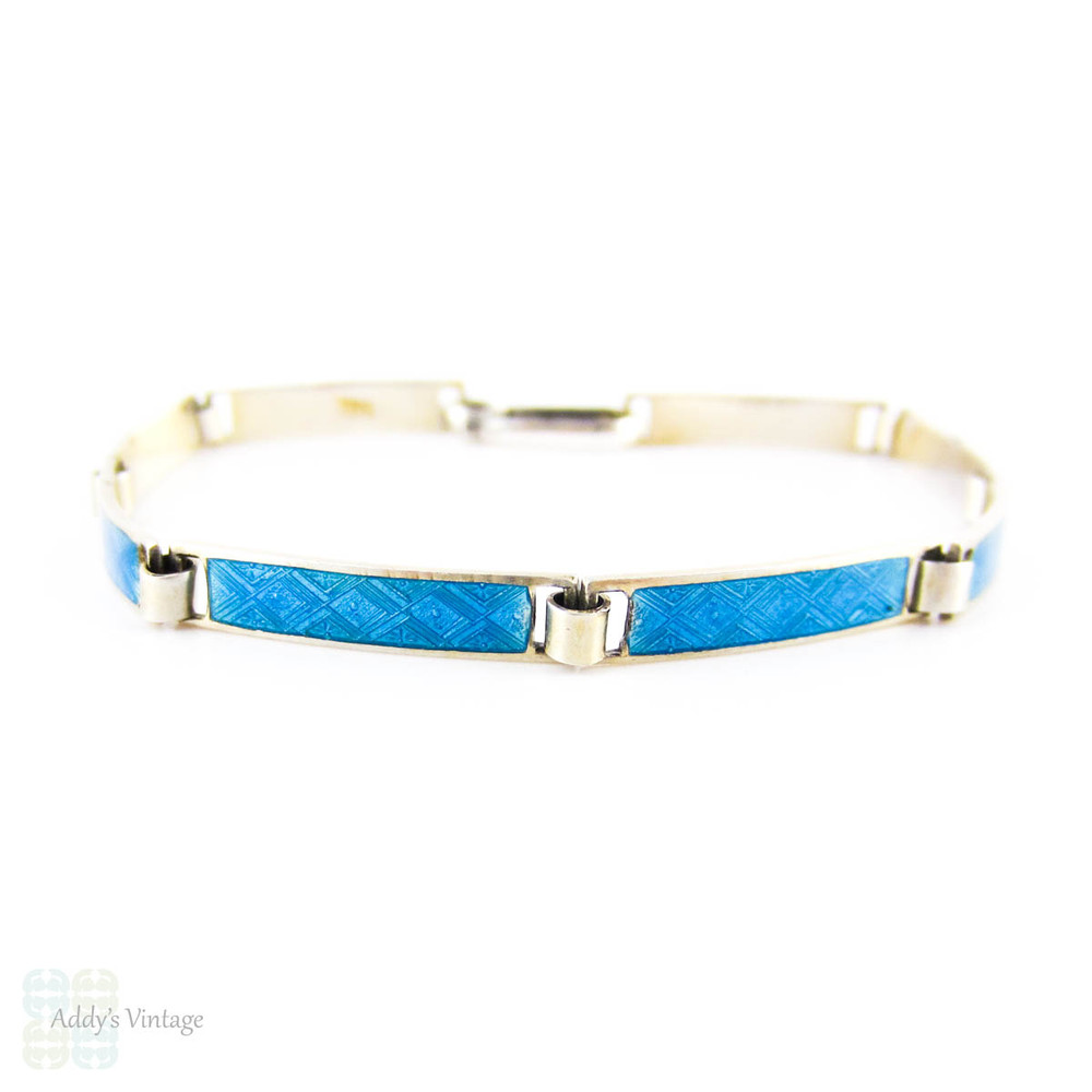 Antique Blue Enamel Bracelet, Guilloché Blue Enamel Sterling Silver Line Bracelet. Circa 1900.