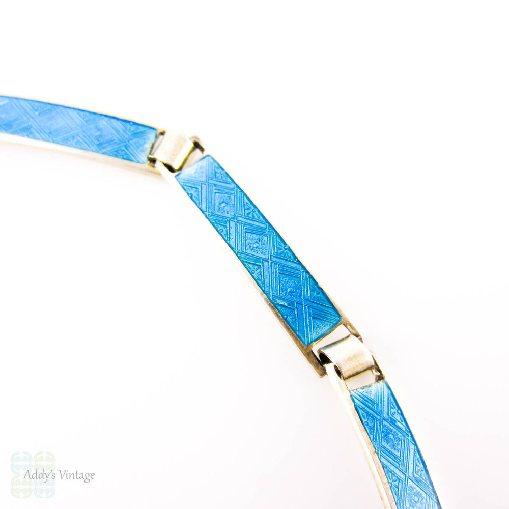 Antique Blue Enamel Bracelet, Guilloché Blue Enamel Sterling Silver Line Bracelet. Circa 1900.