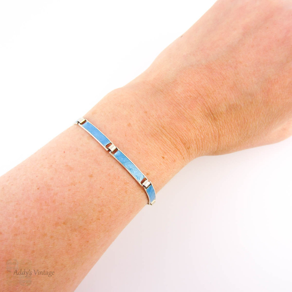 Antique Blue Enamel Bracelet, Guilloché Blue Enamel Sterling Silver Line Bracelet. Circa 1900.