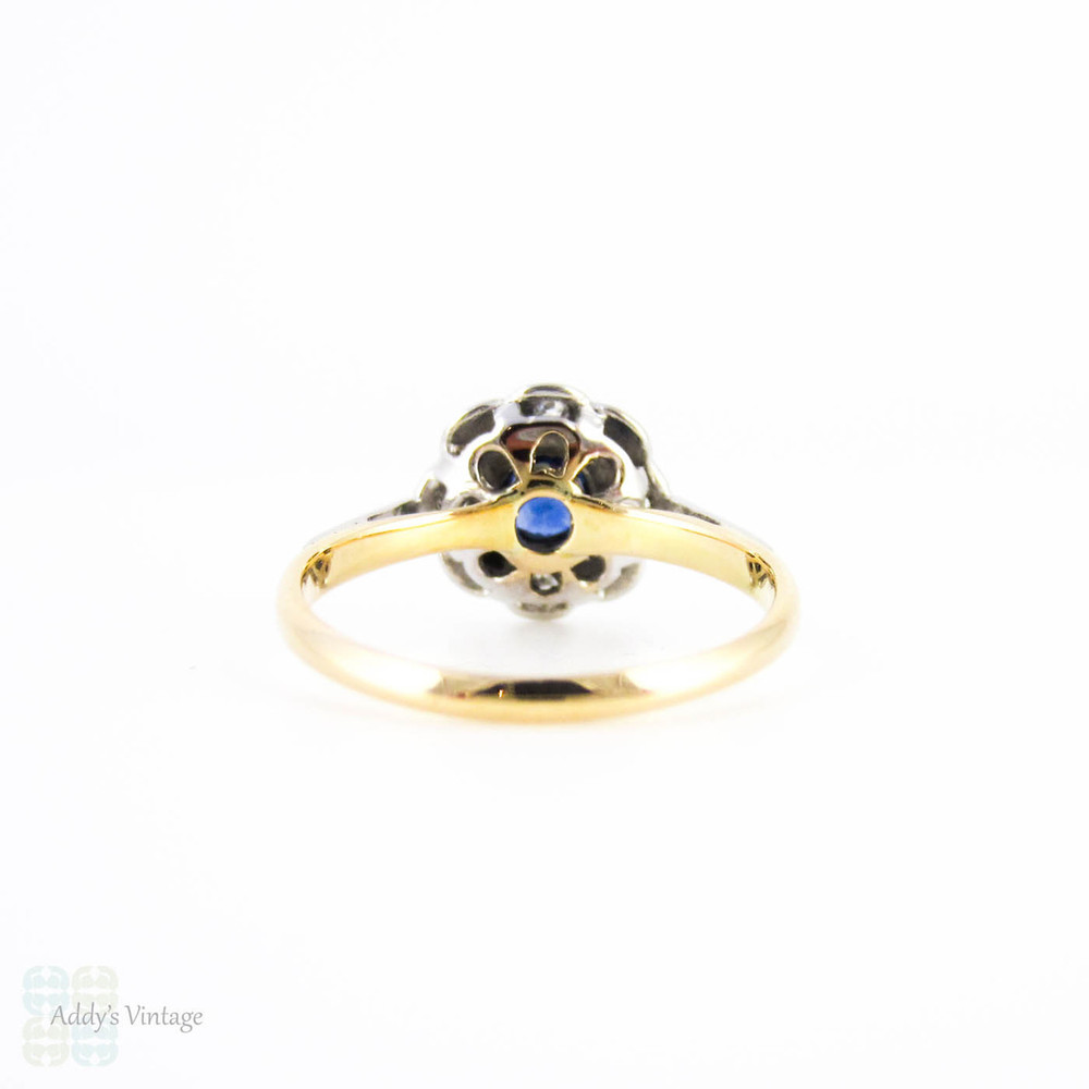 Vintage Sapphire & Diamond Daisy Engagement Ring, Blue Sapphire in Floral Shape with Milgrain Beading. Circa 1920s, 18ct & Platinum.