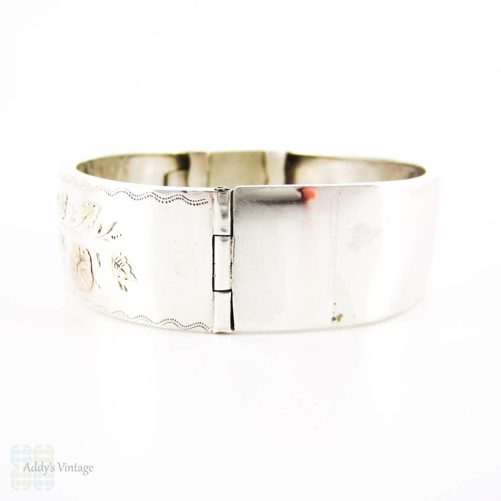 Victorian Silver & 9ct Gold Bangle Bracelet, Antique Bracelet with Rose, Green & Yellow Gold Flower Design. Circa 1880s.