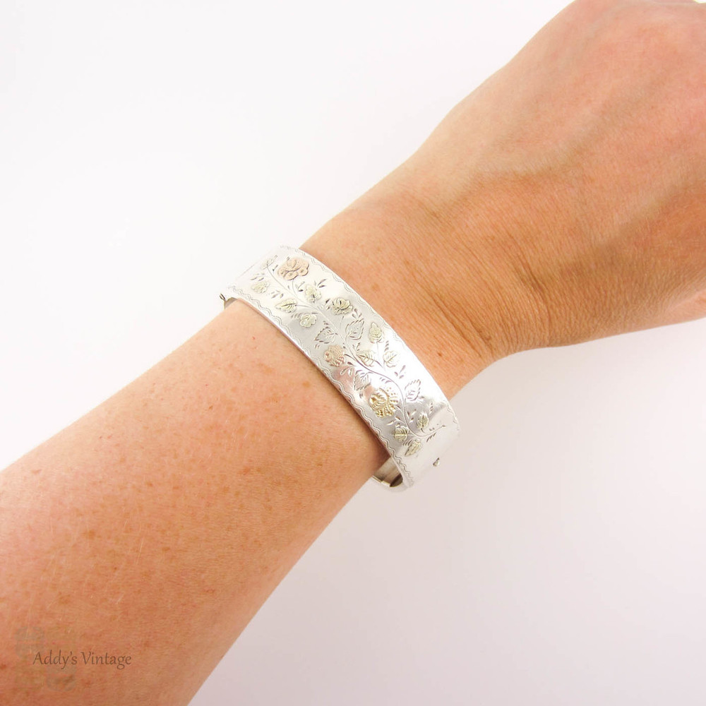 Victorian Silver & 9ct Gold Bangle Bracelet, Antique Bracelet with Rose, Green & Yellow Gold Flower Design. Circa 1880s.