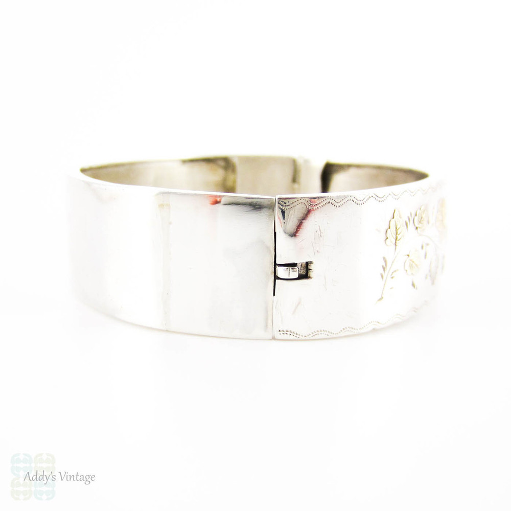Victorian Silver & 9ct Gold Bangle Bracelet, Antique Bracelet with Rose, Green & Yellow Gold Flower Design. Circa 1880s.