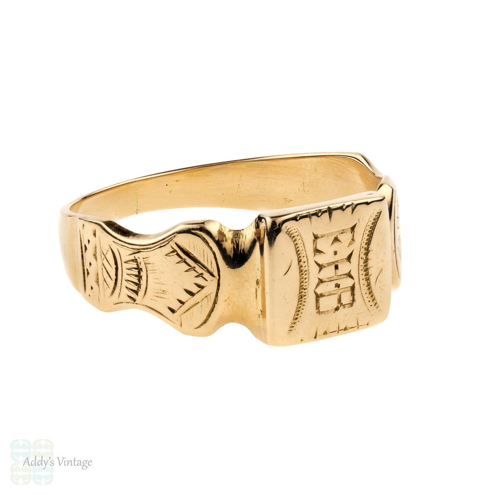 Antique 18ct Gold Signet Ring, Square Engraved Ring with Monogram EHB. Mens or Womens, Circa ...