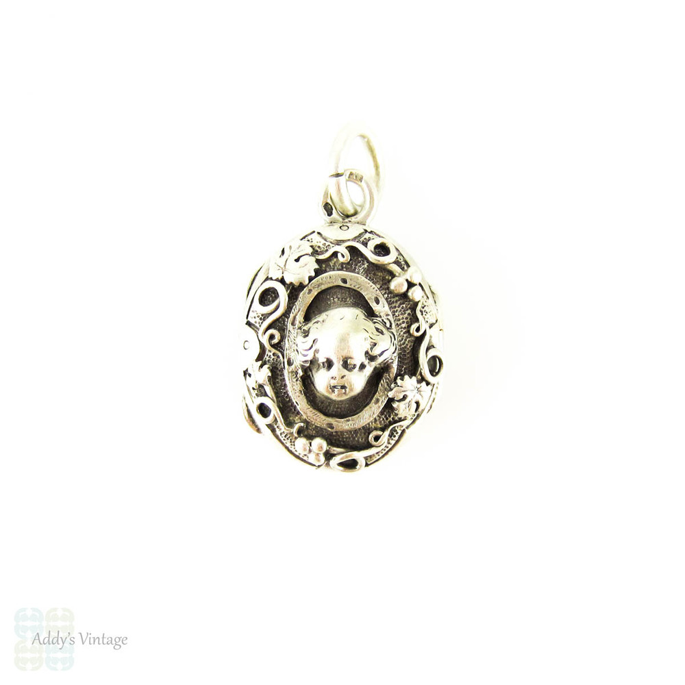 Antique Silver & Lapis Lazuli Locket, Edwardian French Pendant with Cherub and Grape Leaf Design, Circa 1900.
