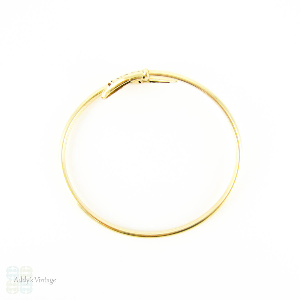 Vintage 9ct Snake Bracelet, Sprung Yellow Gold Serpent Bangle with Spinel Eyes.