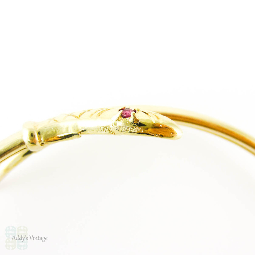 Vintage 9ct Snake Bracelet, Sprung Yellow Gold Serpent Bangle with Spinel Eyes.