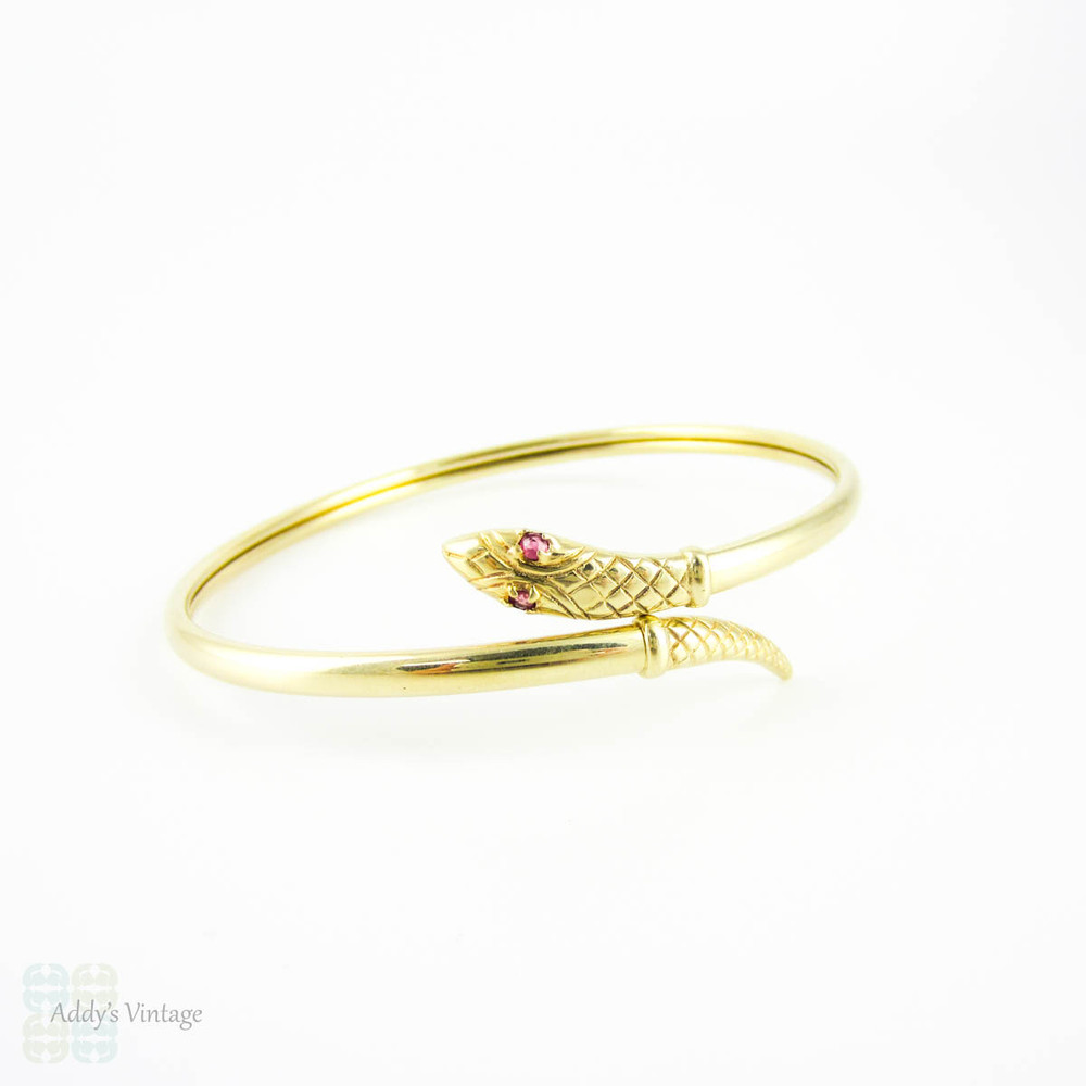 Vintage 9ct Snake Bracelet, Sprung Yellow Gold Serpent Bangle with Spinel Eyes.