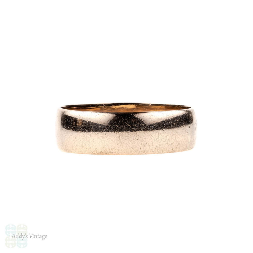 Antique 9ct Gold Wedding Ring, Circa 1910s Wide Rose Gold Men's or Women's D Profile Band. Size R / 8.75