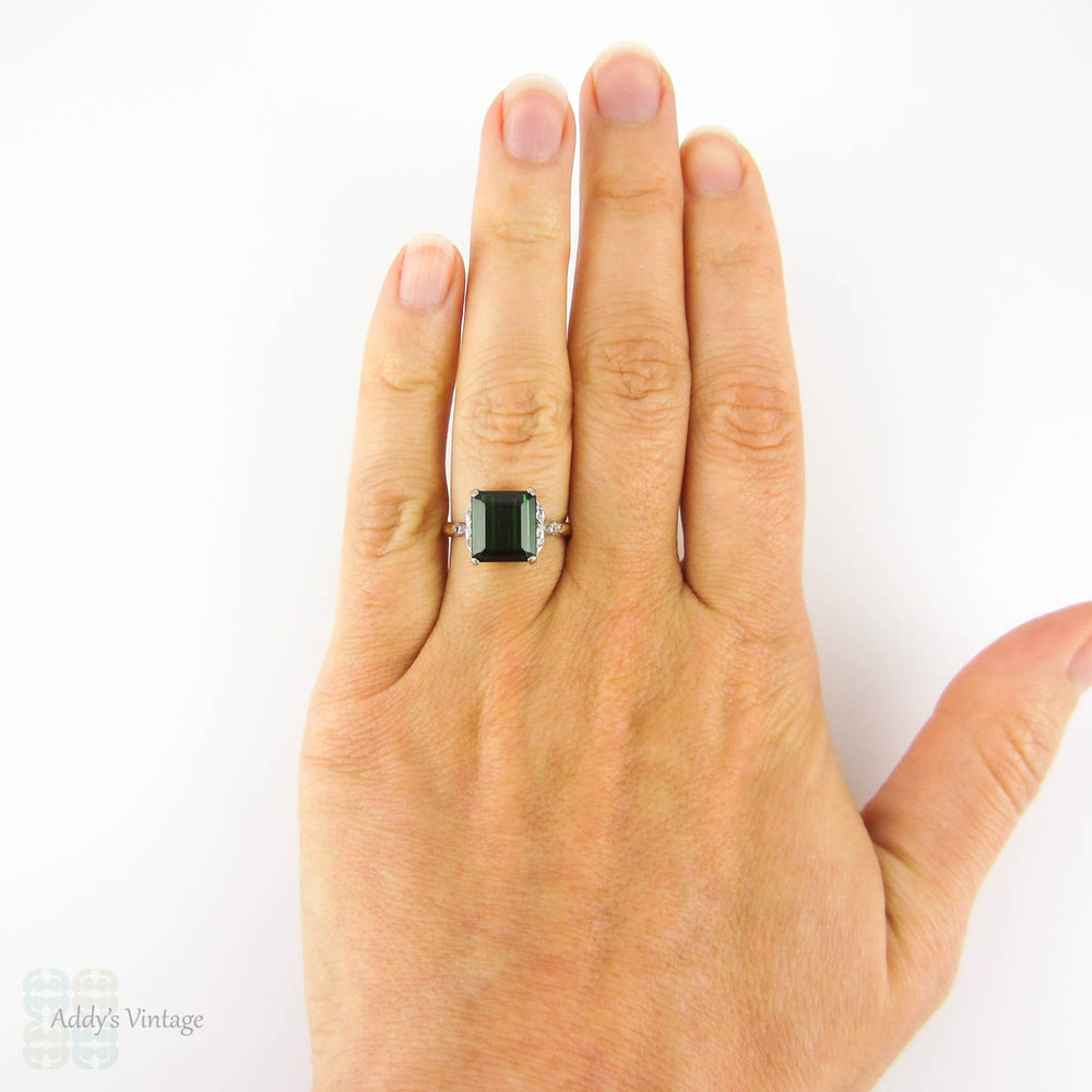 Vintage Green Tourmaline & Diamond Engagement Ring, 1940s Square