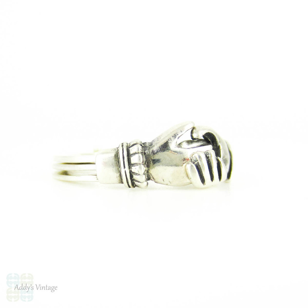  Vintage Fede Gimmel Ring, Sterling Silver Wedding Band Clasped Hands Over Heart. Circa 1960s, Size L / 5.75.