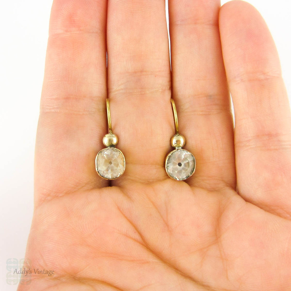 Antique Paste Conversion Earrings, Georgian Black Dot Old Cut Paste Drop Earrings in Gilt Metal. Circa 1800s.