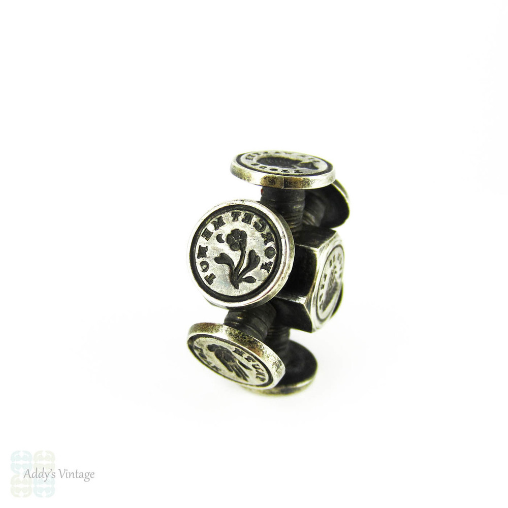 Antique Victorian Intaglio Seal Wheel. Multi Wax Seals: Hand with Heart, Ship, Forget Me Not, Dog, Masonic Eye. Circa 1880s.