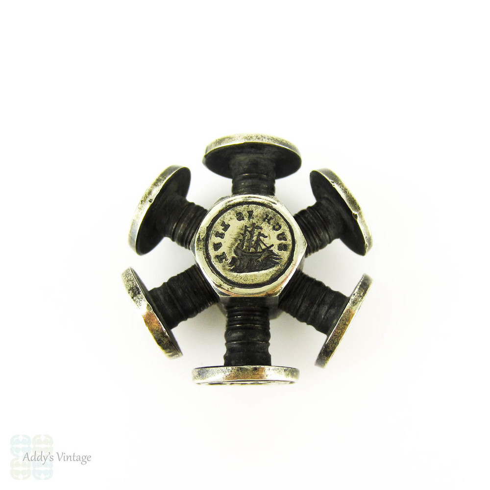 Antique Victorian Intaglio Seal Wheel. Multi Wax Seals: Hand with Heart, Ship, Forget Me Not, Dog, Masonic Eye. Circa 1880s.