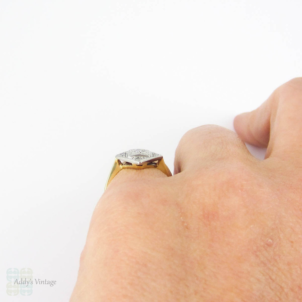 1930s Diamond Engagement Ring, Kite Shape Pave Set Art Deco Ring with Milgrain Beading. 18ct PLAT.