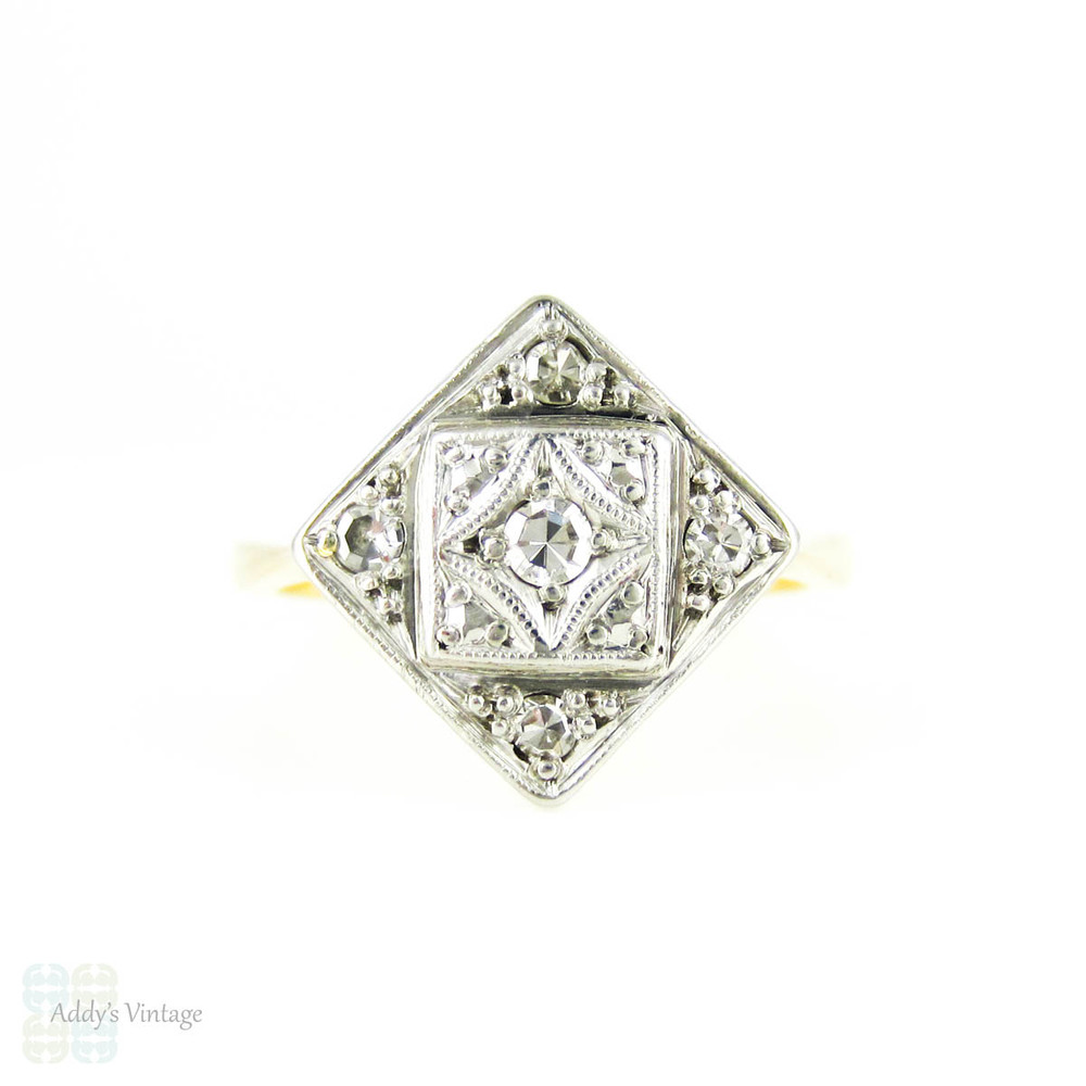 1930s Diamond Engagement Ring, Kite Shape Pave Set Art Deco Ring with Milgrain Beading. 18ct PLAT.