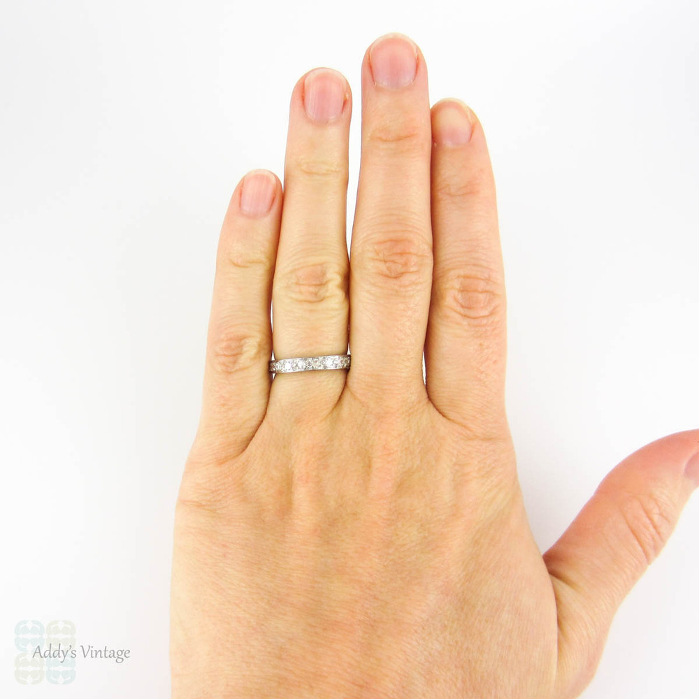 Vintage 1920s Diamond Eternity Ring, Art Deco 18ct White Gold Full Hoop Wedding Band. Size M / 6.25.