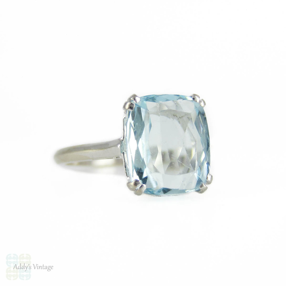 Aquamarine Single Stone Ring in 18ct White Gold, Cushion Cut Gem in Double Claw Solitaire Mounting.