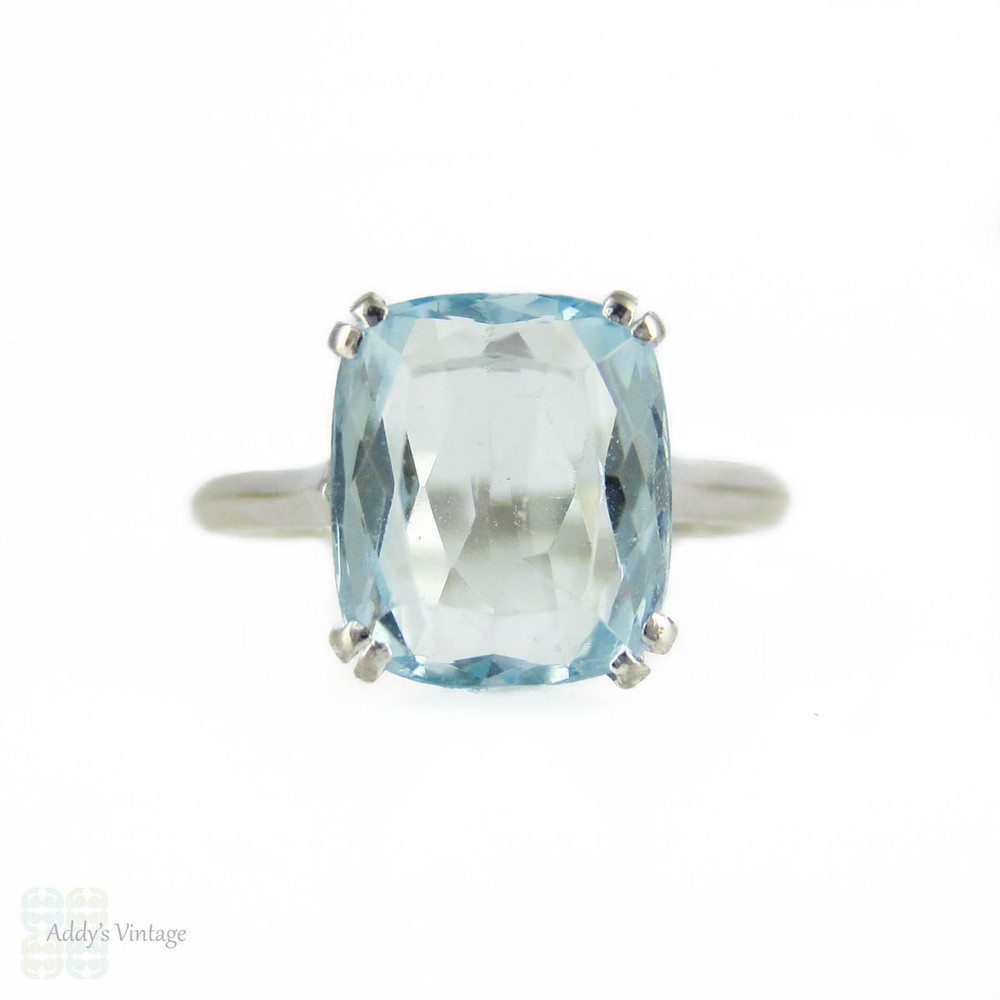 Aquamarine Single Stone Ring in 18ct White Gold, Cushion Cut Gem in Double Claw Solitaire Mounting.