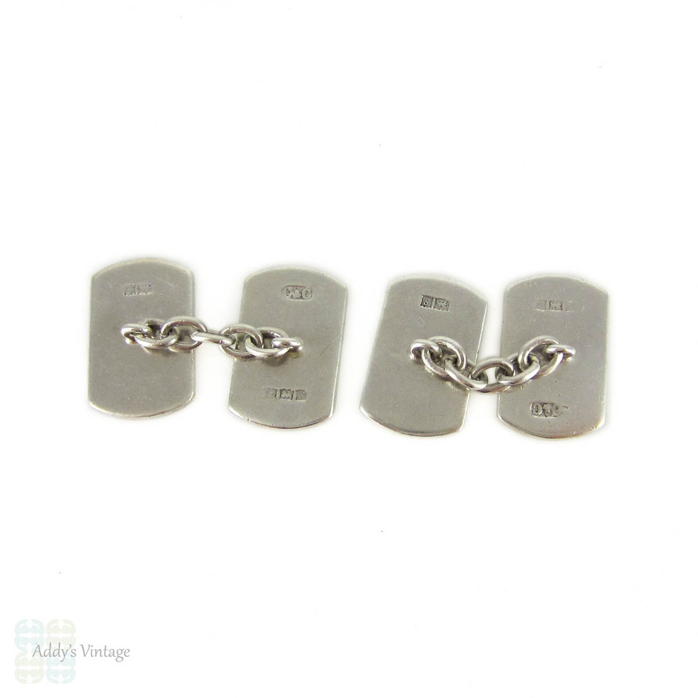 Mid Century Sterling Silver Cuff Links, Men's Engraved Rectangular Shaped Double Face Cufflinks. Circa 1960s.