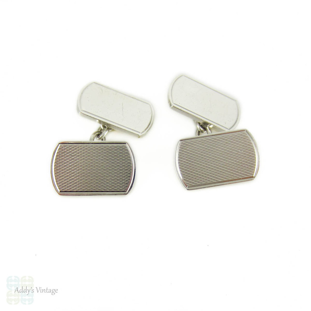 Mid Century Sterling Silver Cuff Links, Men's Engraved Rectangular Shaped Double Face Cufflinks. Circa 1960s.