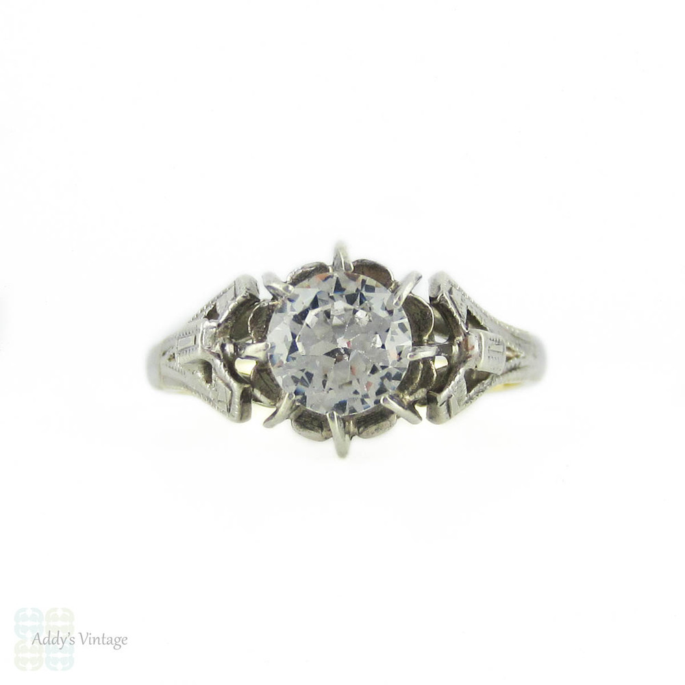 Vintage Synthetic White Spinel Engagement Ring, 1940s Engraved 9ct Yellow Gold & Sterling Silver Mounting.