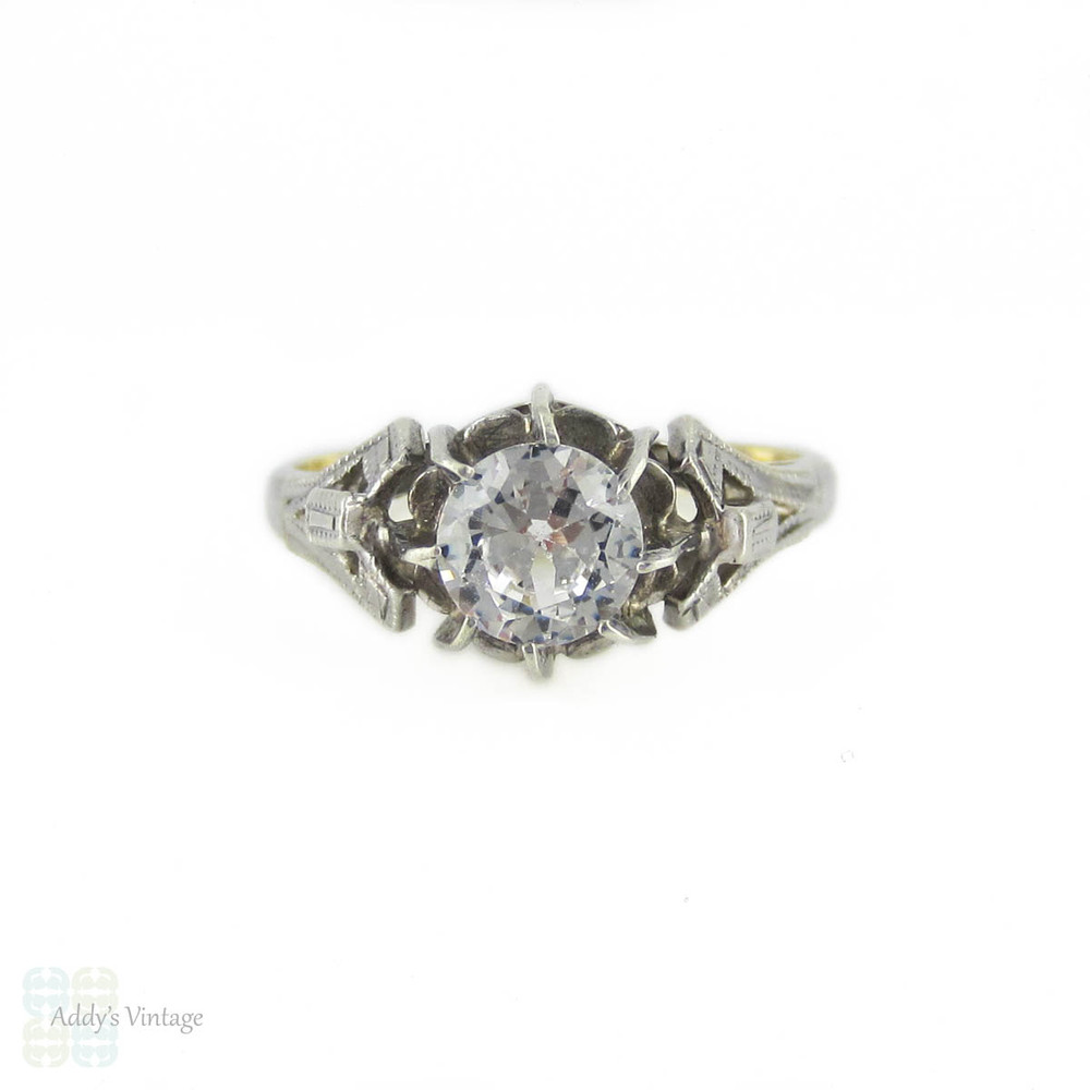 Vintage Synthetic White Spinel Engagement Ring, 1940s Engraved 9ct Yellow Gold & Sterling Silver Mounting.