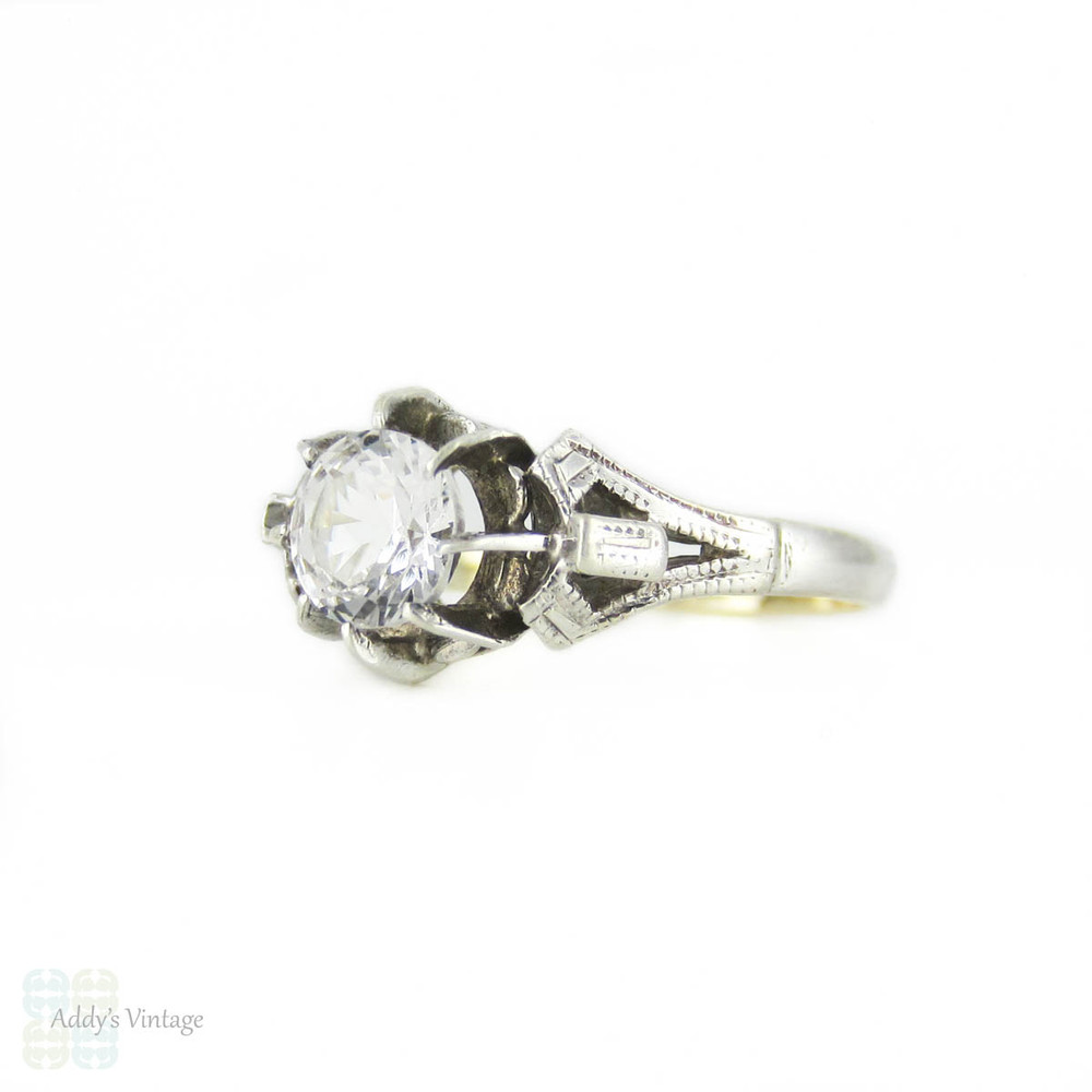 Vintage Synthetic White Spinel Engagement Ring, 1940s Engraved 9ct Yellow Gold & Sterling Silver Mounting.