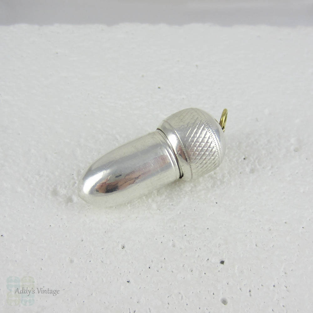 Antique Sterling Silver Acorn Pendant. Charm with Screw Top, Snuff Holder.