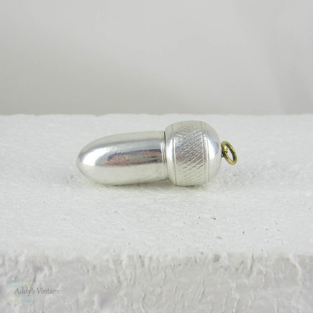 Antique Sterling Silver Acorn Pendant. Charm with Screw Top, Snuff Holder.