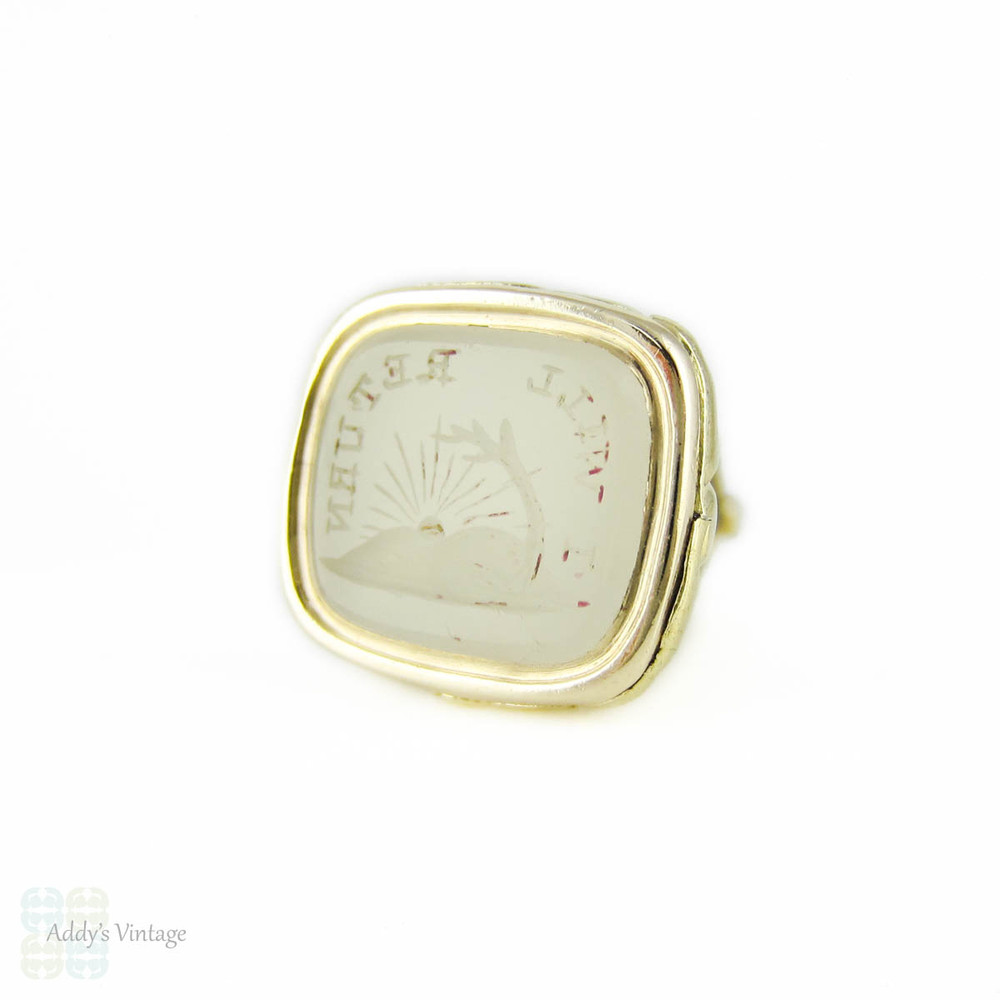 Victorian Gold Filled Seal. Antique Setting Sun I WILL RETURN Engraved White Quartz. Intaglio Watch Fob.