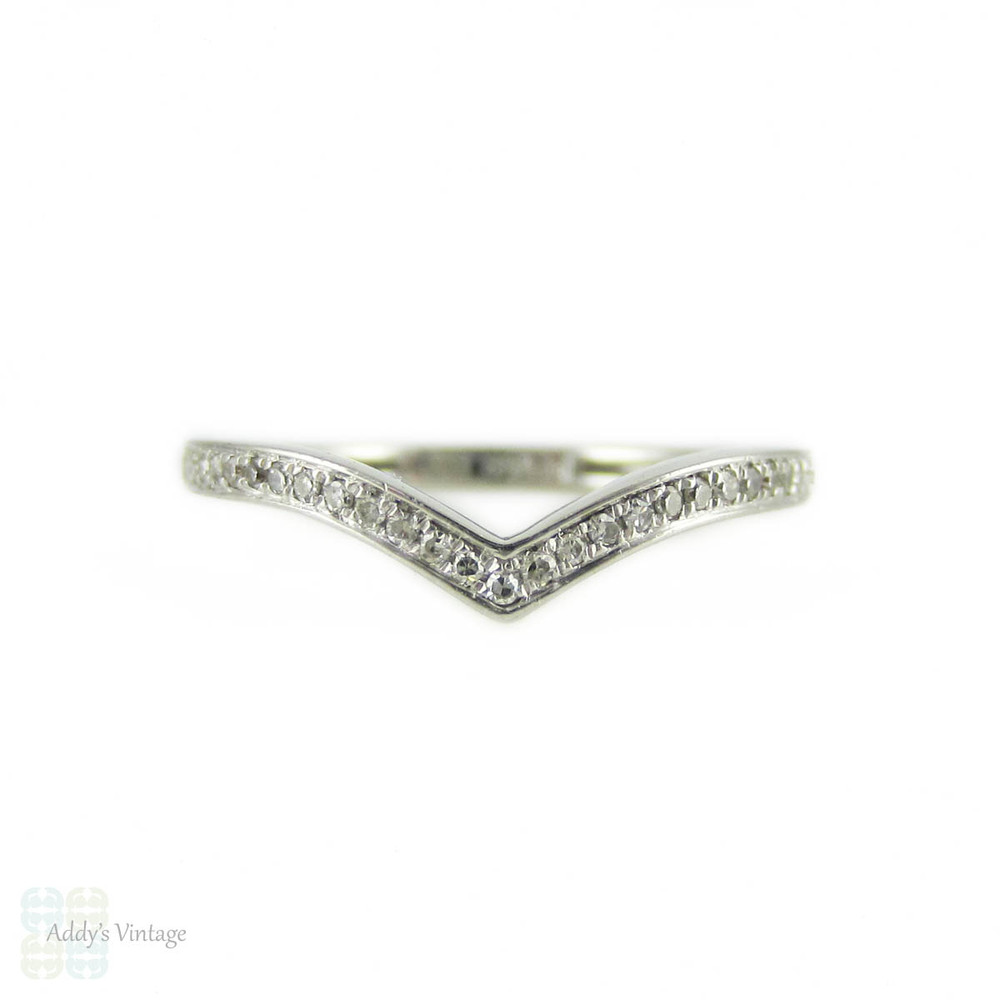 Diamond Platinum Wishbone Wedding Ring, Estate Shaped Pave Set Diamond Band. Size K / 5.25.