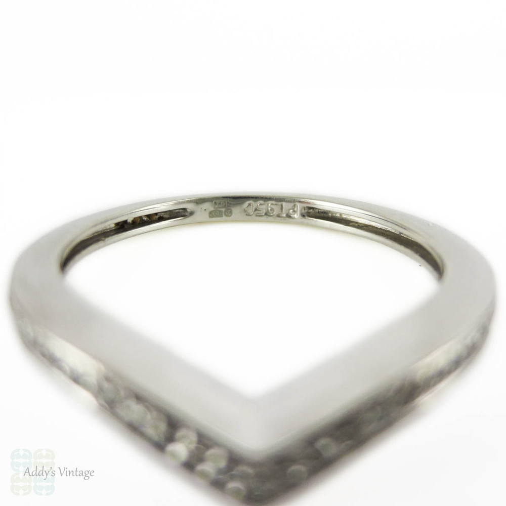 Diamond Platinum Wishbone Wedding Ring, Estate Shaped Pave Set Diamond Band. Size K / 5.25.