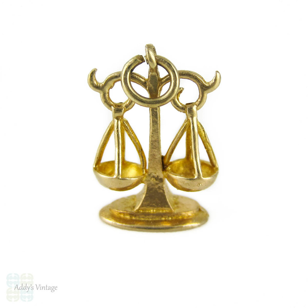Vintage 9ct Gold Scales Charm, Scales of Justice or Libra Zodiac Fully 9K Hallmarked Mid 20th Century Pendant.