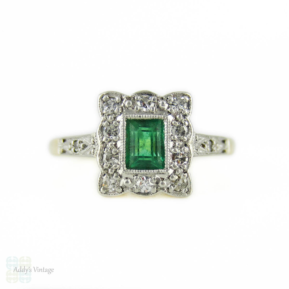 Art Deco Emerald & Diamond Engagement Ring, Rectangle Cluster Ring. Circa 1930s, 9ct & Platinum.