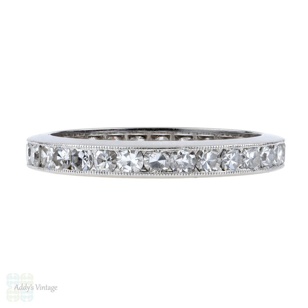 Art Deco Diamond Eternity Ring, 1.16 ctw Channel Set Platinum Wedding Band. Size N.5 / 7.